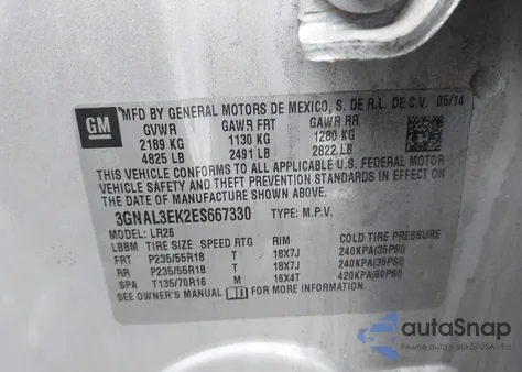 2014 Chevrolet Captiva Sport Lt из США, поврежденный, VIN 3GNAL3EK2ES667330